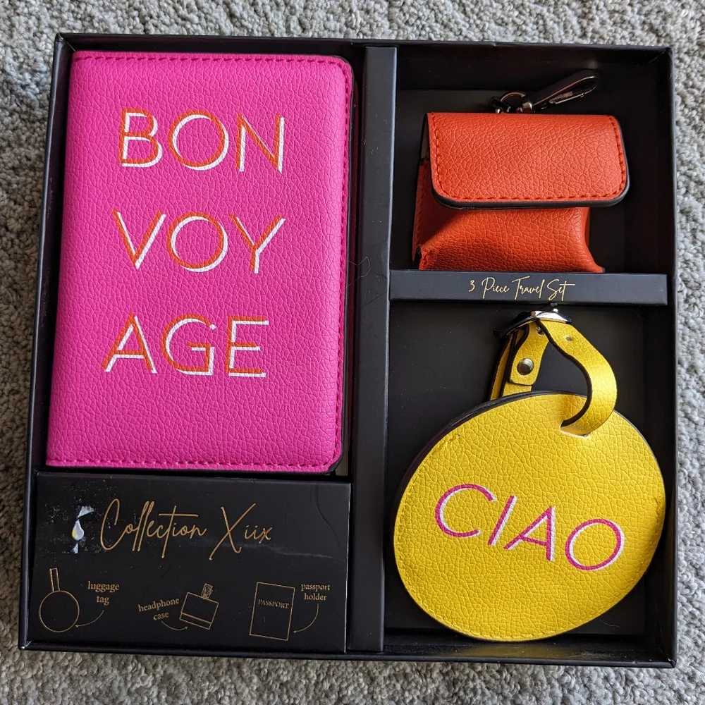 🏈 Collection Xiix NWT 3 PC travel set passport earbuds luggage tag pink ye… - Picture 1 of 16